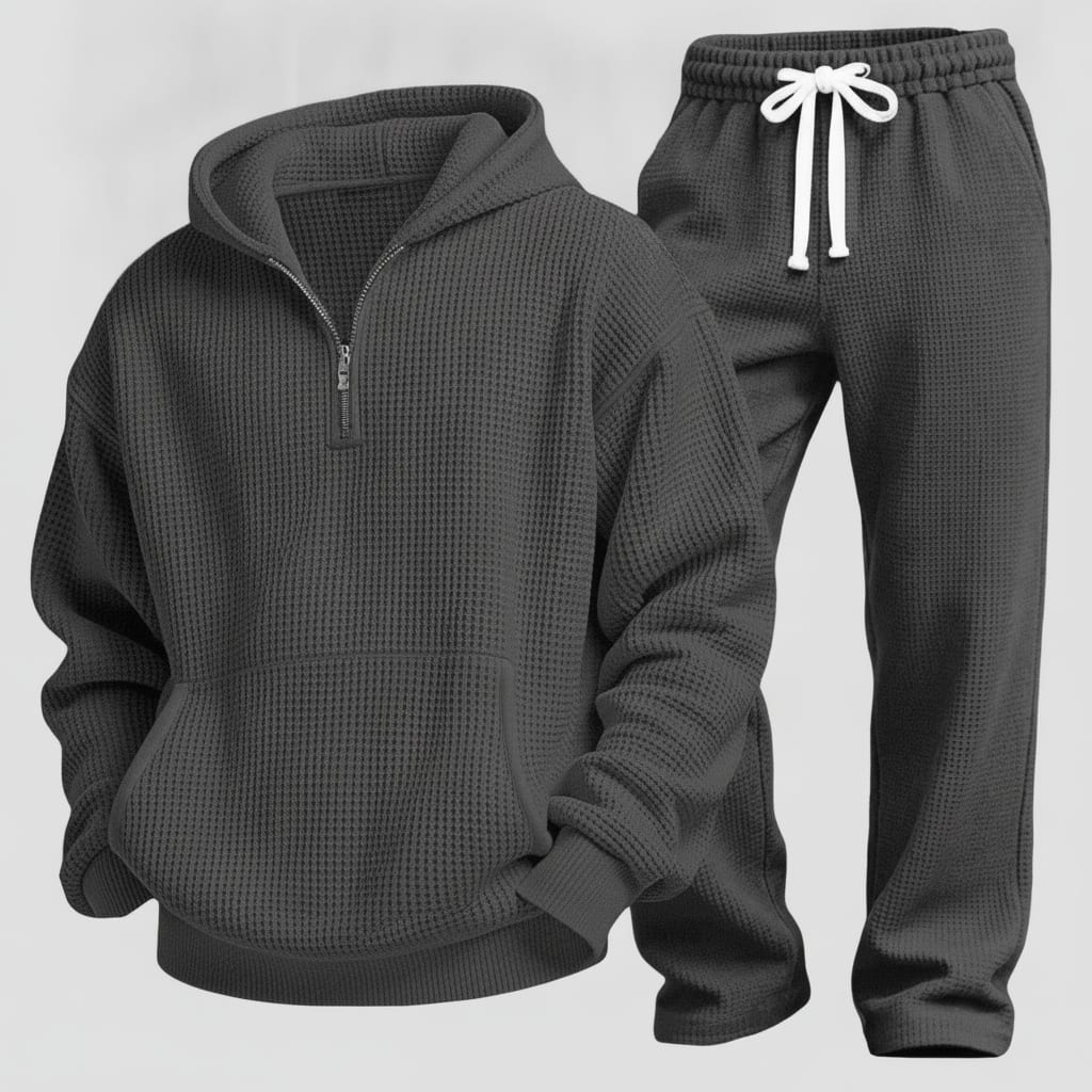 Textured Quarter-Zip Hooded Tracksuit Set