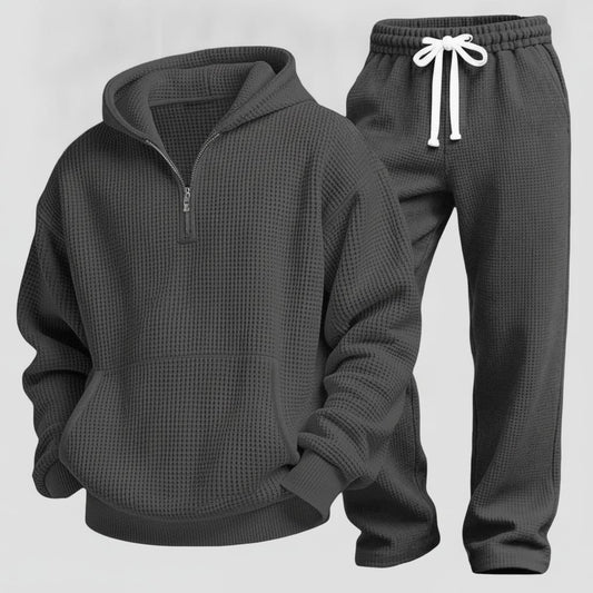Textured Quarter-Zip Hooded Tracksuit Set